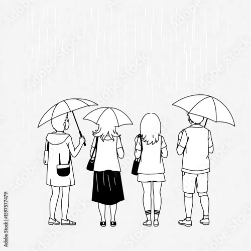 Four friends sharing umbrellas under sudden summer rain