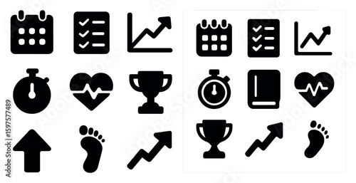 Fitness and health solid icons set – growth, exercise, wellness symbols