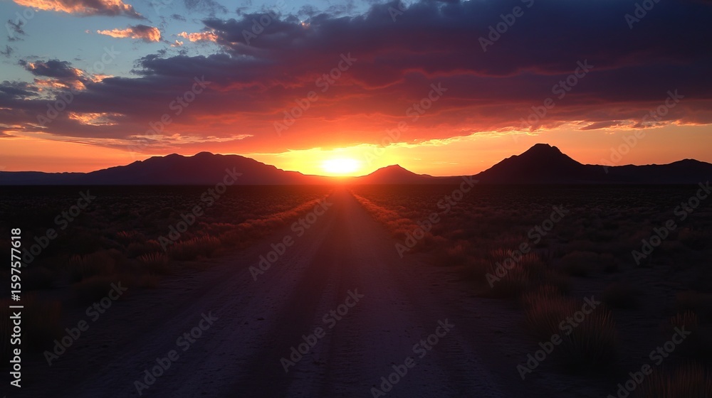Obraz premium Desert sunset, dirt road stretches into horizon