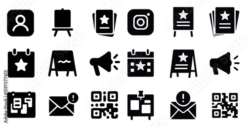 Marketing and advertising solid icons set – filled, silhouette, promotion symbols