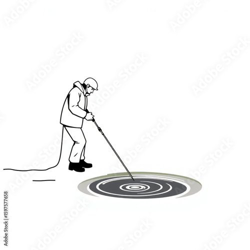 An ice fisherman drilling a hole in a frozen lake