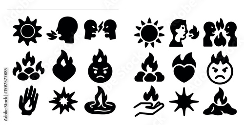 Conflict and emotion silhouette icons set – solid, filled, argument and expression symbols