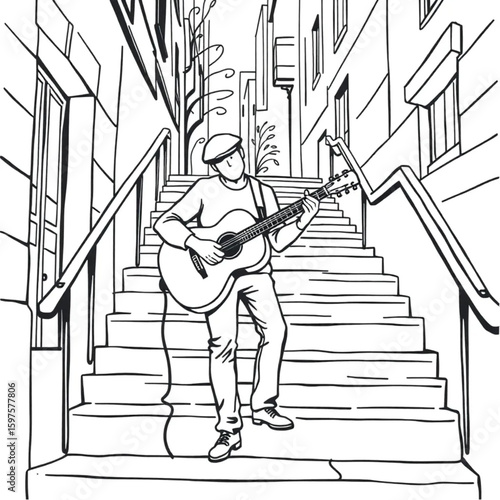 A street musician strumming guitar on a city staircase