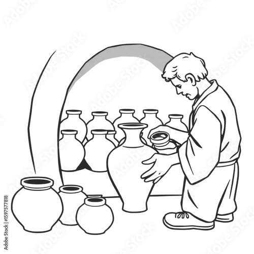 A potter loading a kiln with hand-built vases