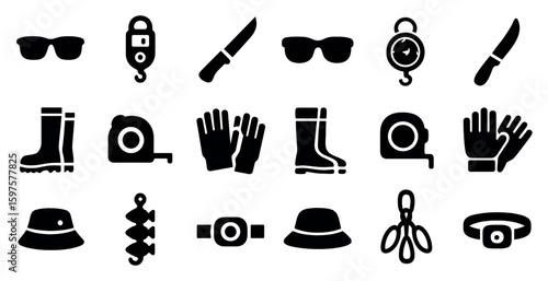 Outdoor adventure silhouette icons set – camping, hiking, essential gear symbols