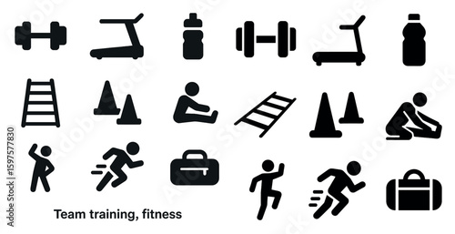 Fitness and exercise icons set – silhouette, solid, gym and workout symbols