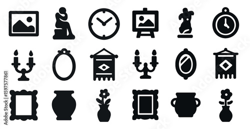 Art and decor silhouette icons set – filled, solid, home and interior design symbols