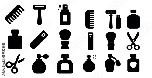 Men's grooming silhouette icons set – shaving, comb, beauty symbols for styling