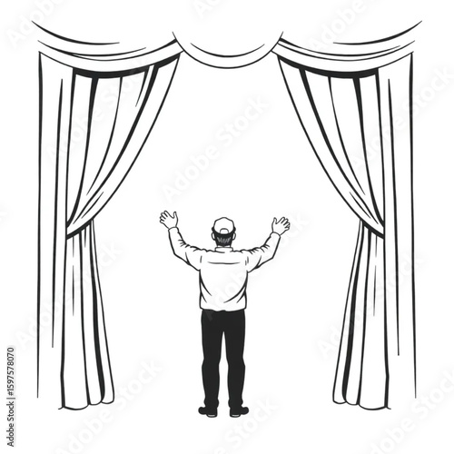 A theater technician raising curtains before a show