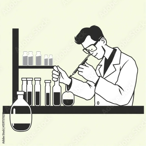 A scientist inspecting test tubes in a green lab