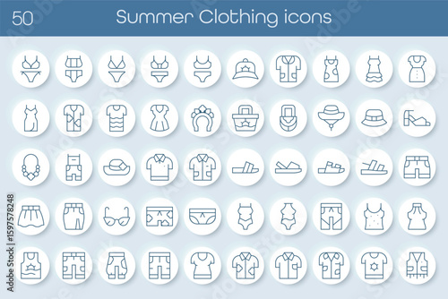 Set of line icons featuring summer clothing. Includes t-shirts, dresses, shorts, swimsuits, hats, sandals and sunglasses. Ideal for fashion, travel, beach, shopping and seasonal design projects.