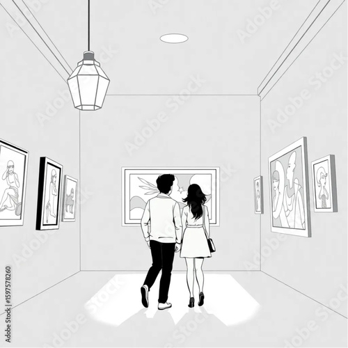 A couple exploring an art gallery by lamplight