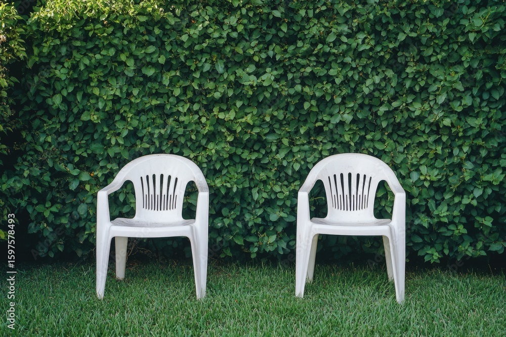 Two white plastic chairs facing a hedge (1) Two white plastic chairs facing a hedge (1)