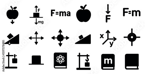 Physics and mechanics solid icons set – filled, scientific and educational symbols