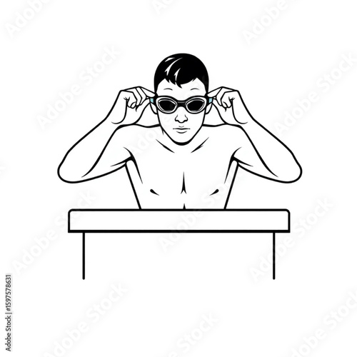 A swimmer adjusting goggles on a pool starting block
