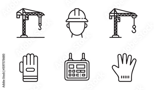 Construction icons including tower cranes hard hat gloves and stopwatch building industry