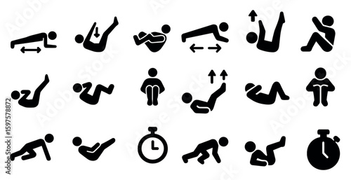 Exercise and fitness solid icons set – workout, silhouette, health symbols