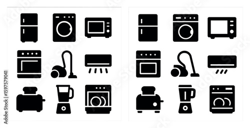 Home appliances solid icons set – silhouette, filled, kitchen and household symbols