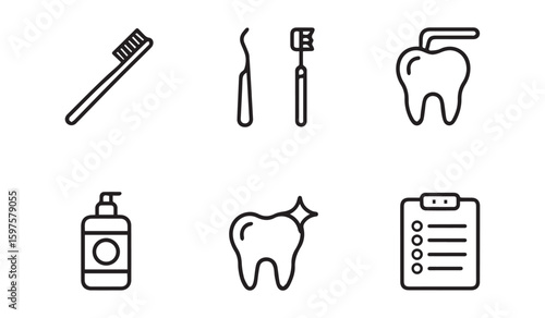 Dental hygiene icons including toothbrush dental scaler mouthwash clean tooth and checklist vector