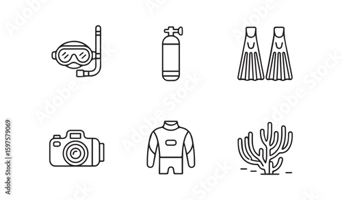 Diving equipment icons including mask snorkel oxygen tank fins camera wetsuit and coral scuba diving