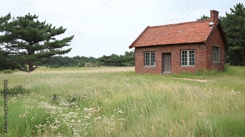 Wallpaper Mural Small red brick cottage nestled in a grassy field under a cloudy sky Torontodigital.ca