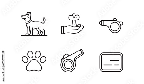 Dog outline paw print whistle and treat icons on white background canine animal