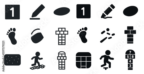 Playground games solid icons set – silhouette, children activities, leisure symbols