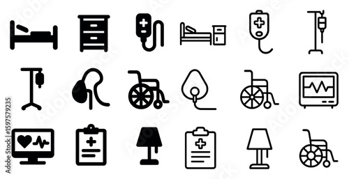 Healthcare and medical line icons set – outline, solid, hospital and wellness symbols