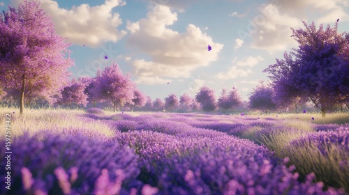 Wallpaper Mural Ethereal Lavender Field with Flowering Trees, a dreamlike summer scenery Torontodigital.ca