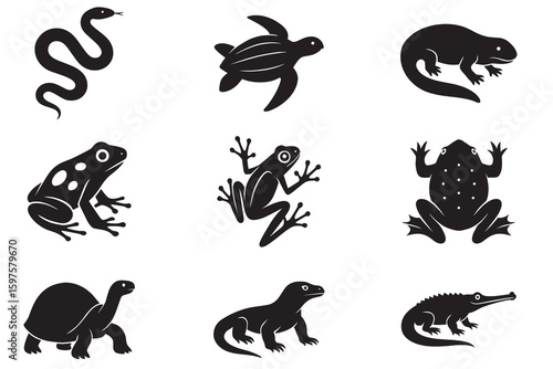 Silhouette Reptile and Amphibian Icons Set. Snake, Frog, Turtle, Crocodile, Lizard, Salamander, Vector Illustration
