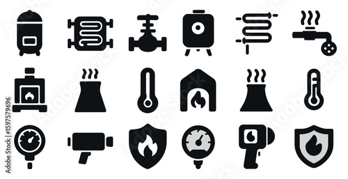 Energy and heating solid icons set – flat, filled, power and thermal symbols