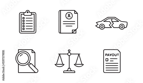 Insurance claim icons checklist car damage payout scales and document with magnifying glass vector