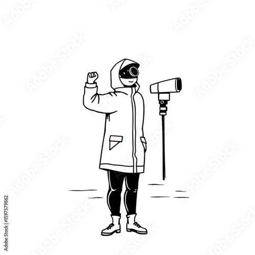 A meteorologist bracing against a seaside wind