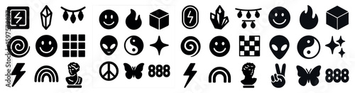 Alien and symbol silhouette icons set – solid, flat, extraterrestrial and mystic symbols