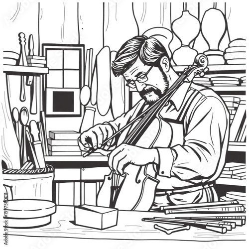 A violin maker testing strings in a scented woodshop