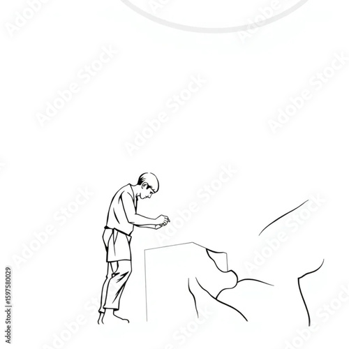 A sculptor chipping away at marble under skylight