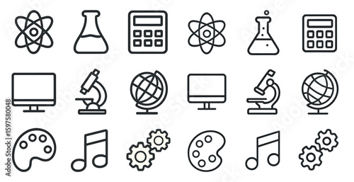 Science and education outline icons set – linear, flat, academic symbols
