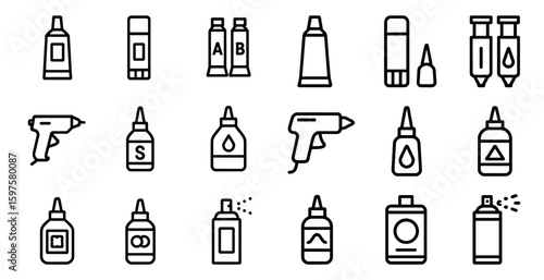 Adhesive tools outline icons set – line, glue, repair and diy essentials