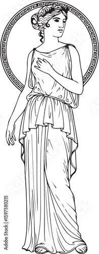 Vector art of a serene greek goddess with a halo isolated on white background