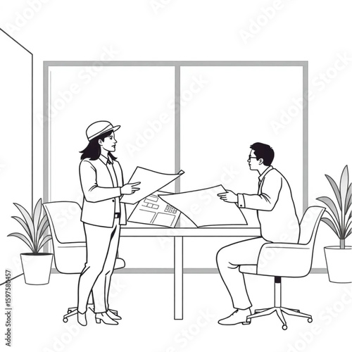 Two architects debating over blueprints in a modern office