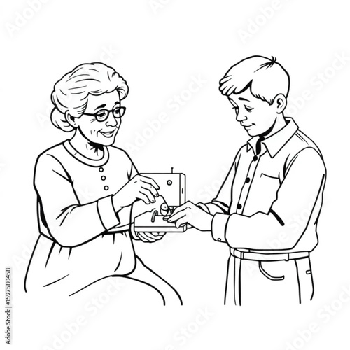 A grandmother teaching a grandson to sew a button