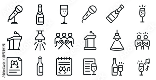 Event and celebration outline icons set – party, festive, occasion symbols