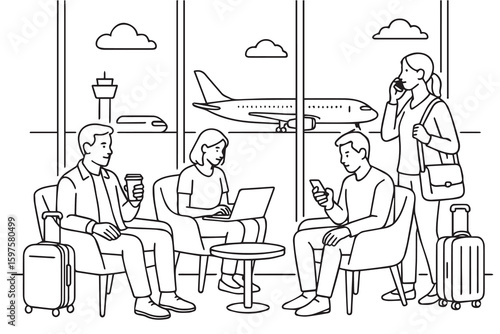 A black and white vector shows four people at the airport, standing with luggage as an airplane appears in the background, outlined in black.

