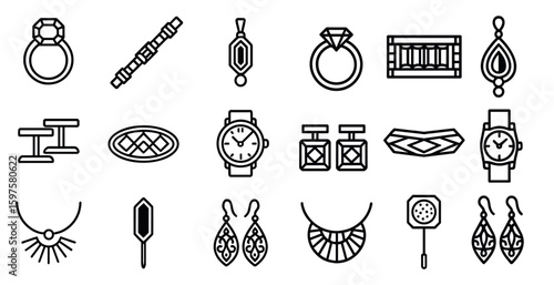 Jewelry line icons set – elegant, outline, fashion and accessory symbols
