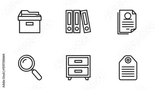 Office supplies icons including file box binders document magnifying glass and filing cabinet vector