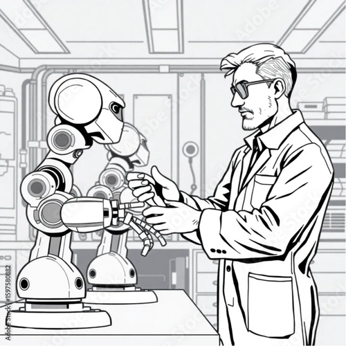 A mechanical engineer examining robot arms in a lab