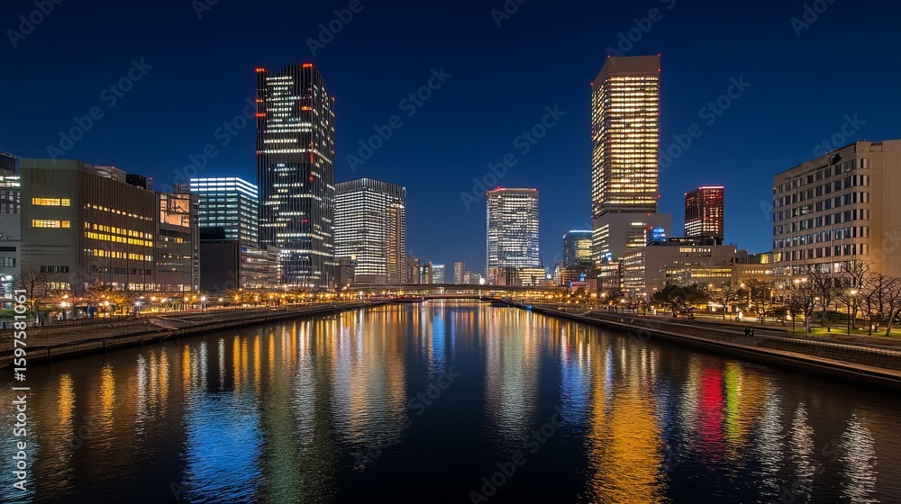 Naklejka premium Night cityscape reflecting on a river