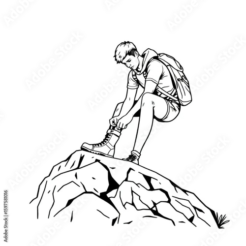 An adventurer tying boots on a rocky outcrop before a hike