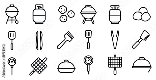 Barbecue and grill outline icons set – line, cooking, and outdoor party symbols
