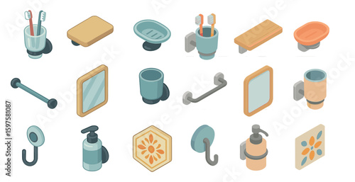 Bathroom essentials isometric icons set – hygiene, personal care, bathing symbols